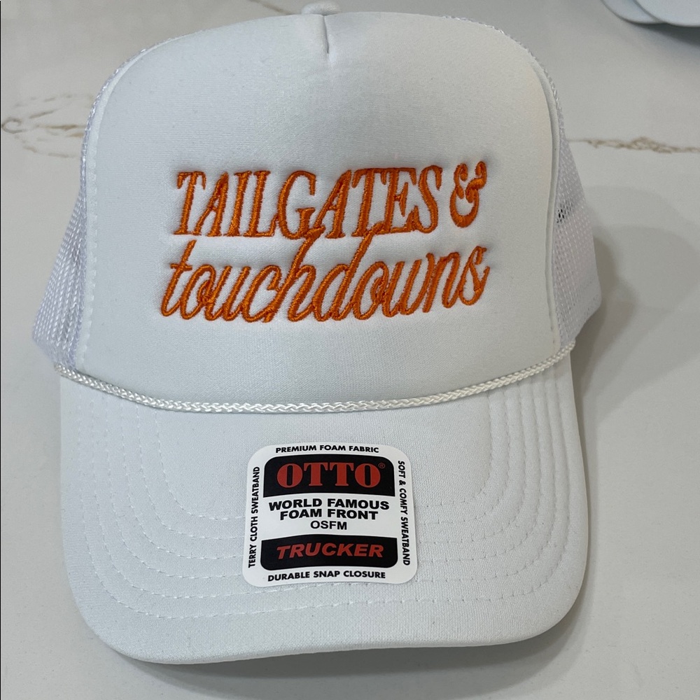 TAILGATES & TOUCHDOWNS White and Orange Trucker Cap